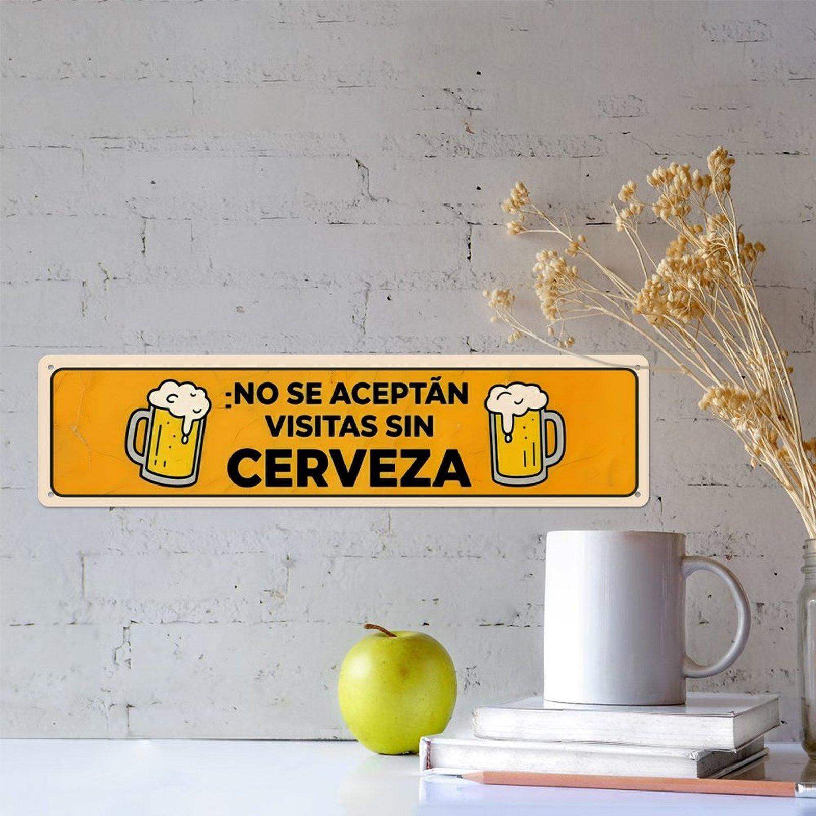 16×4 Inch "No Se Aceptan Visitas Sin Cerveza" Funny Metal Sign, Vintage Spanish Beer Aluminum Wall Decor, Pre-drilled Humorous Bar Sign for Home Man Cave, Novelty Gift for Beer Lovers