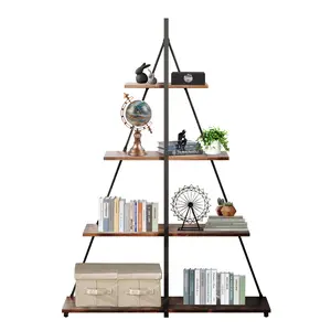 Modern 4-Tier A-Frame Ladder Bookshelf – Steel Bookcase with Storage & Display Shelf – Ideal for Books, Plants, Office, Living Room, or Holiday Decor – Rustic Brown, White