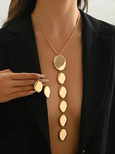 2-Piece Fashion & Minimalist Jewelry Set: Long Y-Necklace with Irregular Geometric Pendant — Metallic-Style Accessories Exquisite Jewelry Gift & Holiday Gift Set