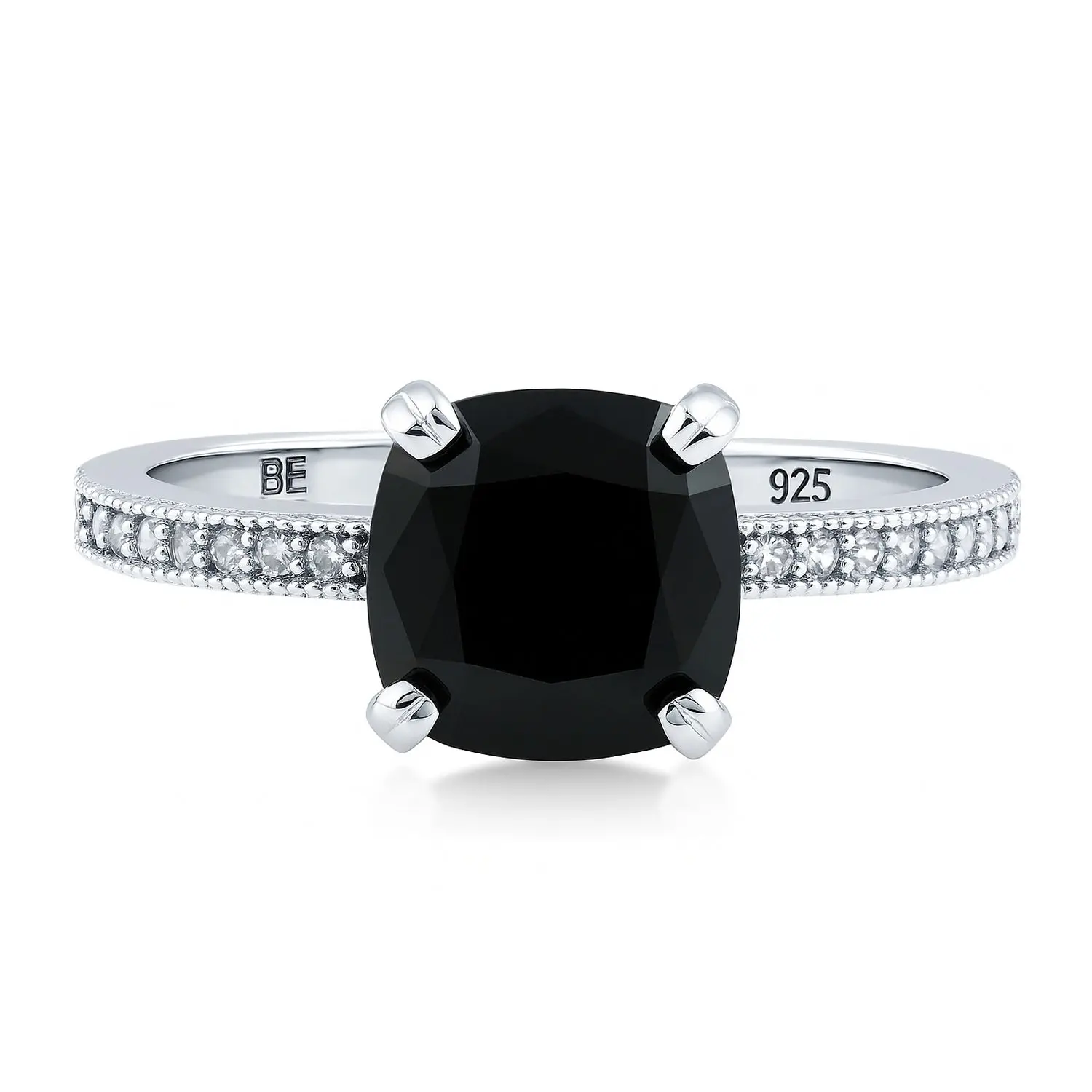 BERRICLE Sterling Silver Solitaire Rings for Women, 3 Carat Black Cushion Cut Cubic Zirconia CZ Ring