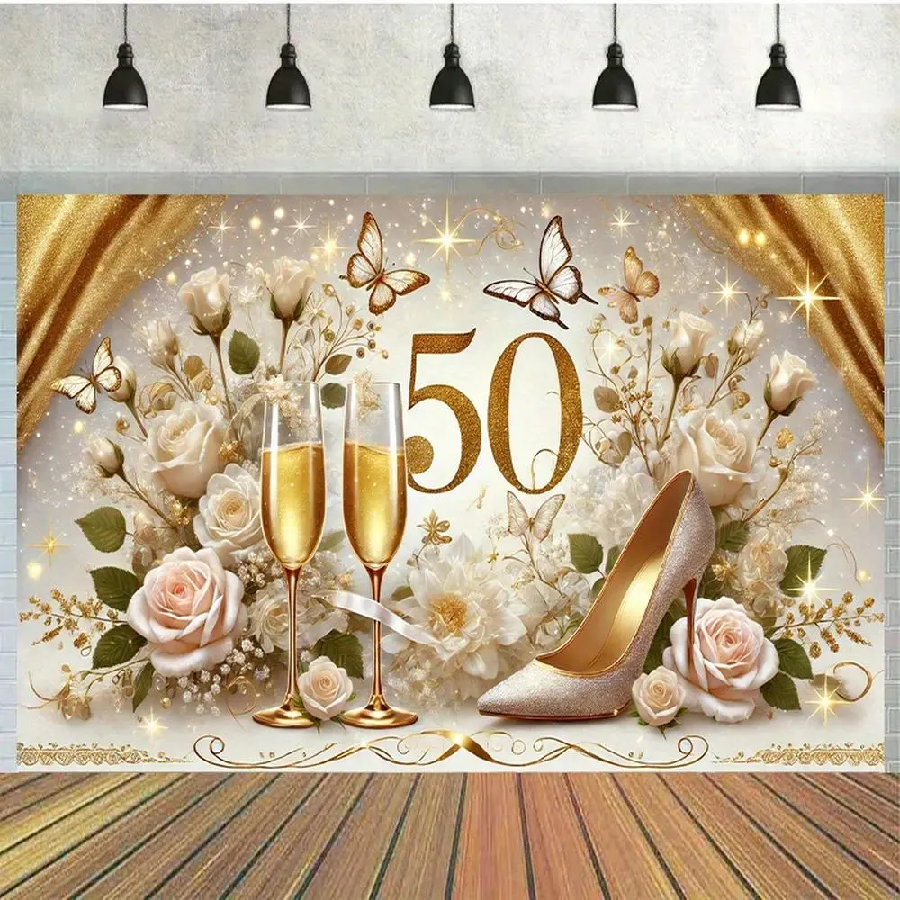 50th Birthday Photography Backdrop Banner - 1pc Polyester Flower Print, Elegant Golden-White Champagne Theme with Glasses & High Heels, Party Decoration Supplies for Photo Booths, Indoor-Outdoor Use, No Power Needed