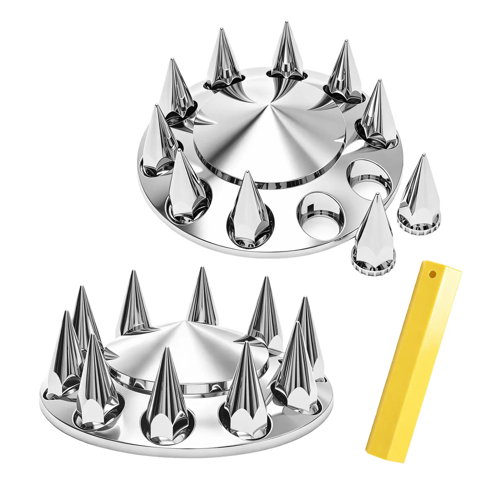 ABS Chrome Plastic Front Axle Cover Kit Spike Axle Wheel Covers 33mm Thread-On Lug Nut Covers with Removable Hub Caps for Semi Truck (Installation Tool Included) 2Pcs