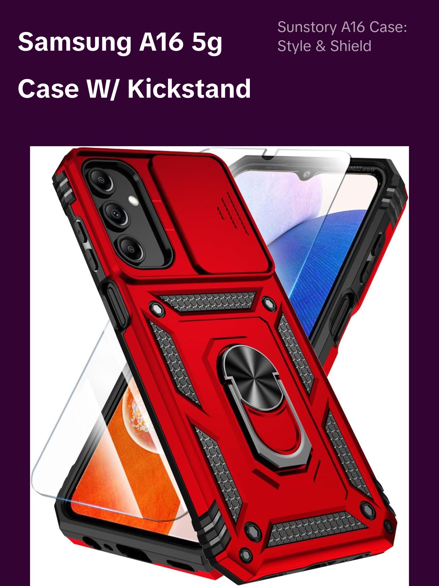 Sunstory Phone Case for Samsung Galaxy A16 5G Case with HD Screen Protector & Slide Camera Cover & Kickstand, [Military-Grade] Phone Case for Samsung A16 Phone (Red) SunStory