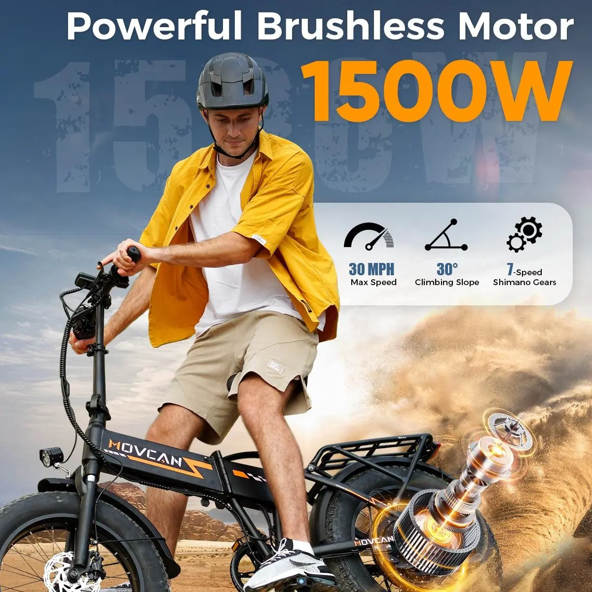 Movcan Q20 Folding Ebike for Adults - 20” Fat Tire Dirt Riding Ebike, 1500W Motor, 52V 15.6Ah Removable Concealed Battery, 30 MPH Top Speed, 7-Speed System, Dual Hydraulic Brakes
