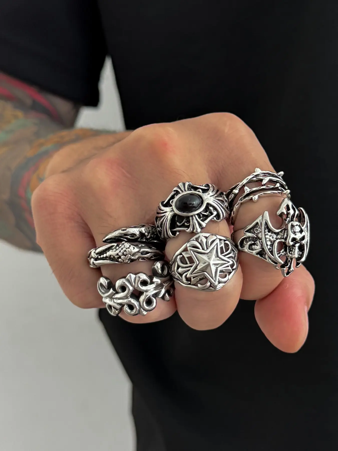 6-Piece Vintage Distressed Jewelry Rings Set, Punk Style Men's Streetwear Accessories, All-Seasons Plain Design, Acrylic Chain Material