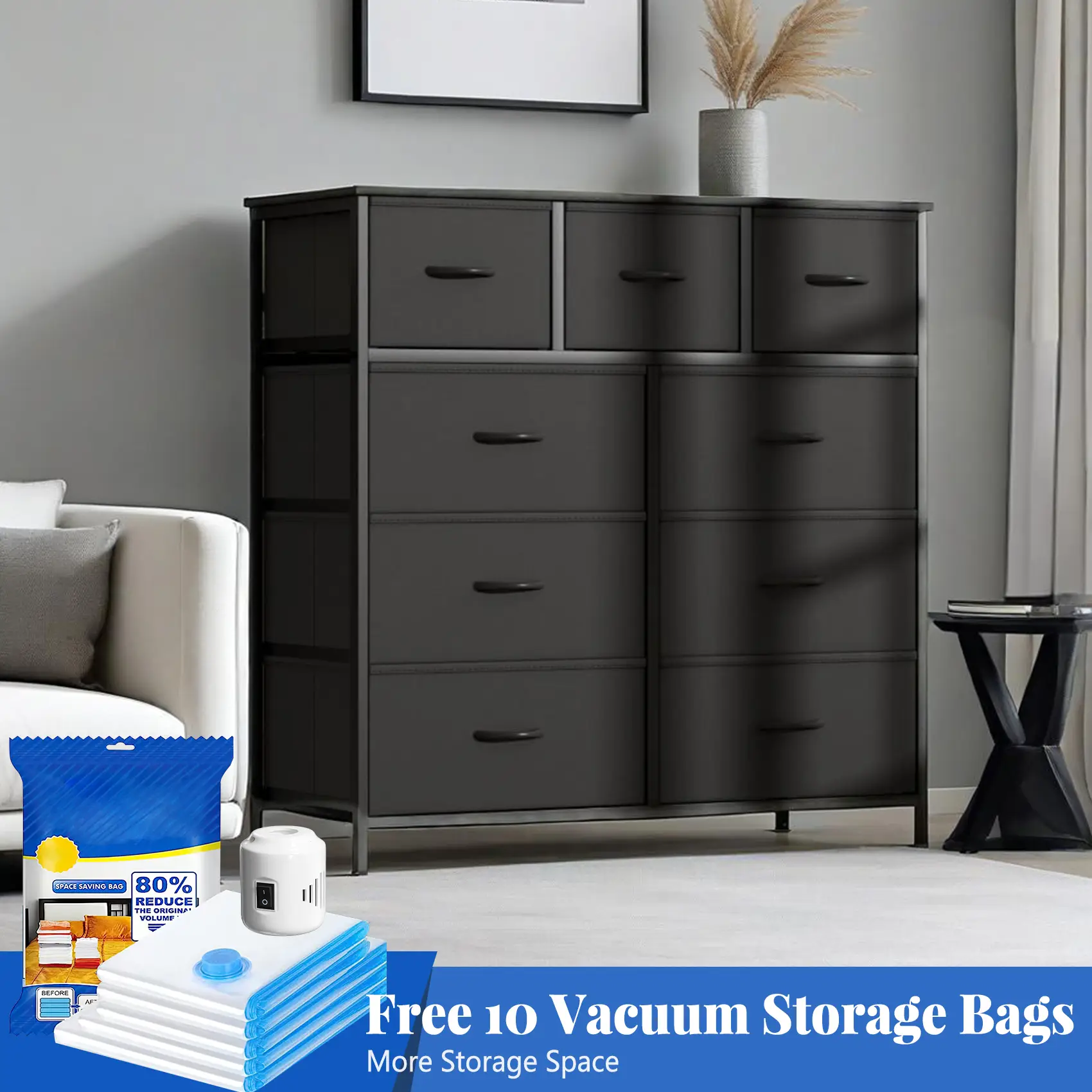 【With 10 Vacuum Bags】9 Drawer Dresser for Bedroom, Storage Organizer with 10 Vacuum Storage Bags and Electric Air Pump, Chest of Drawers with Fabric B