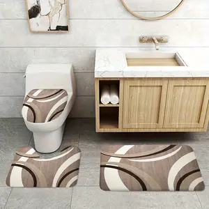 3pcs Modern Brown and White Abstract Geometric Print Bathroom Rug Set, Toilet Lid Cover, U-Shaped Mat, Soft Surface Flannel Material, Decorative Floor Mats for Washroom