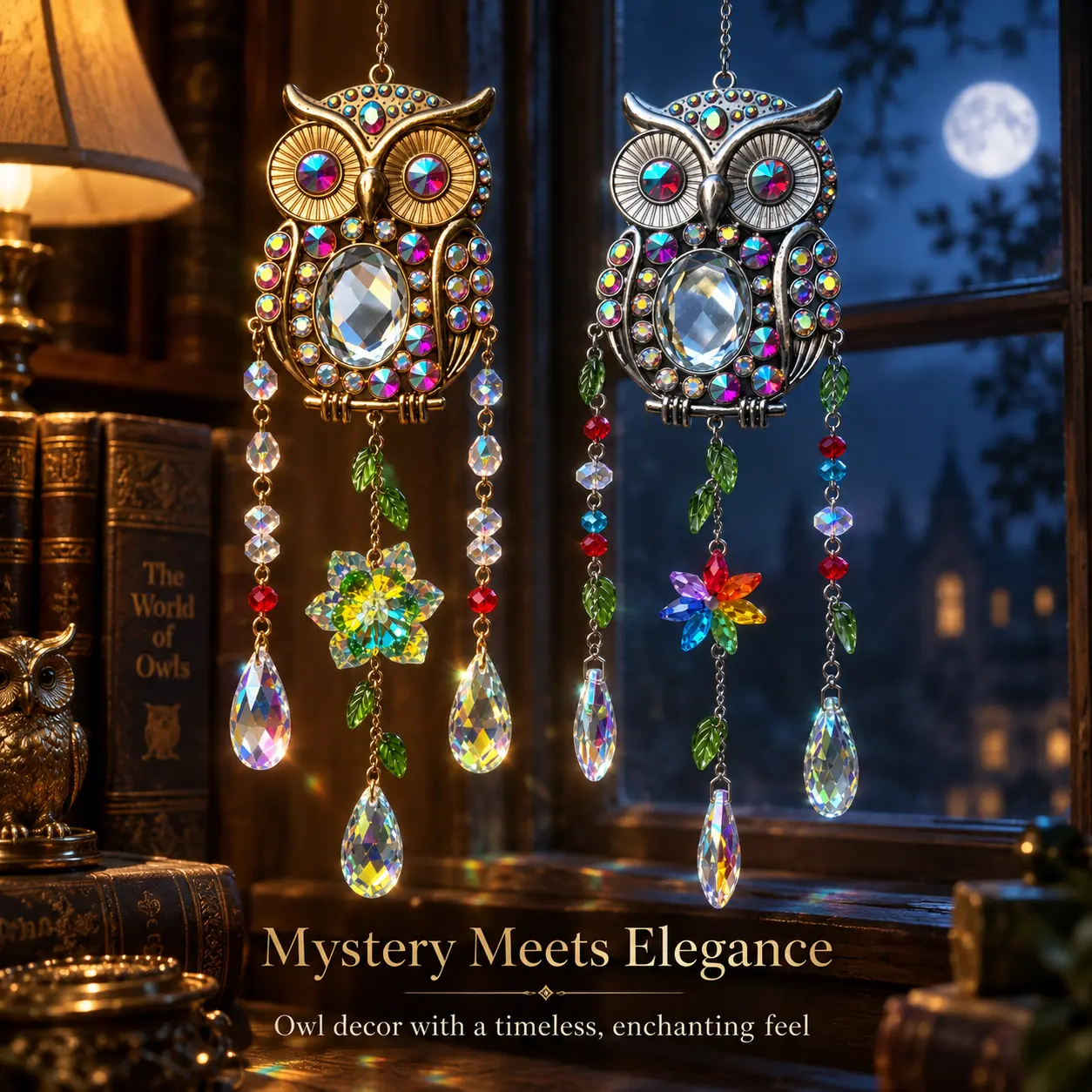 Colorful Owl Suncatcher for Windows - Nature-Inspired Leaf-Accented Home Hanging Decor, Room Ornament, Thoughtful Gift for Owl-Loving Women
