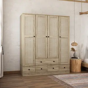 FUFU&GAGA Armoires and Wardrobes 4 Door Wardrobe with Shelves and Drawers, Rattan Door Design, Armoire Wardrobe Closet with 2 Clothing Rods