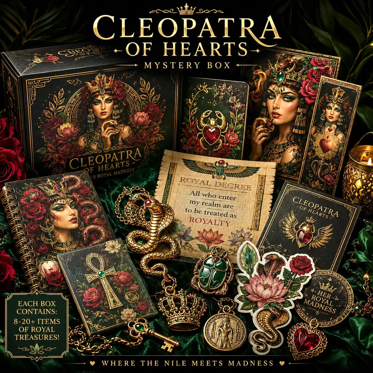 Cleopatra of Hearts Curated Gift Box | Egyptian Fantasy Gifts, Cobra Jewelry, Royal Stationery & Queenly Treasures