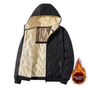 Men's Fleece-Lined Cotton Jacket with Hood Casual Warm Faux Lamb Wool Quilted Windproof Fabric for Autumn Winter Commutes & Outdoor Cold Protection New Model Beige Black Plain