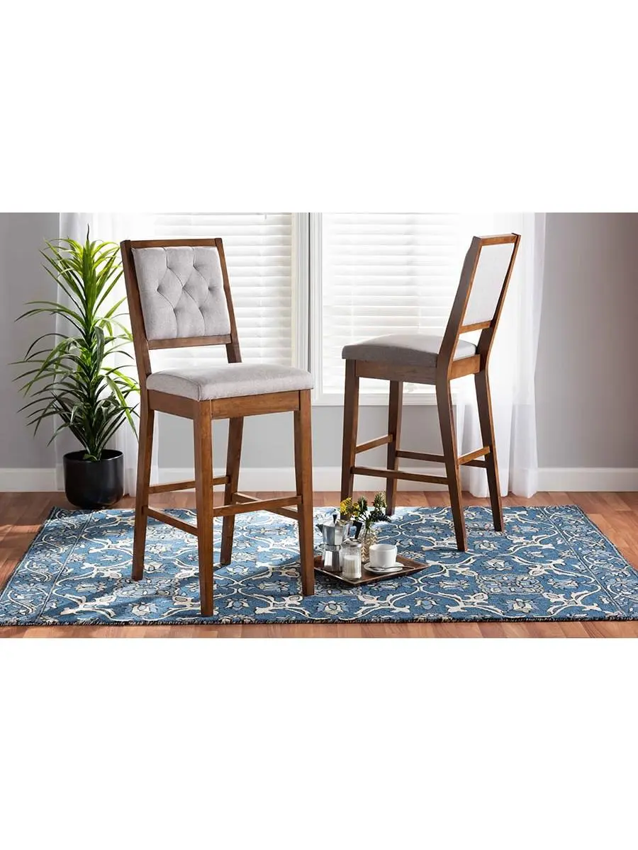 212 MAIN 2-Piece Diamond Tufted Modern Solid Wood Bar Stool Set - Fabric Padded Chair, Footrest Stools, 2 Seats, Gideon Contemporary Grey & Walnut Brown Upholstered, 47.8x17.5x21.7in (Model RH2083BP-Grey-Walnut-BS), Foot Rest Stools
