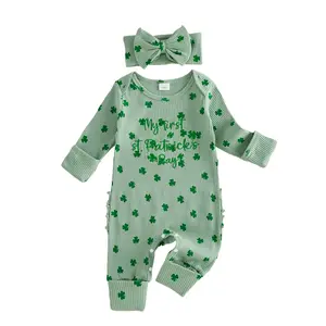 Infant Newborn Baby Girl My First St Patricks Day Outfit Romper Clover Letter Print Long Sleeve Round Neck Bodysuit Jumpsuit Irish Clothes