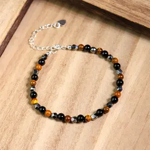 Triple Protection Dainty Bracelet - Natural Hematite Obsidian Tiger Eye Stone Bracelet Spiritual Healing Bracelet Gift