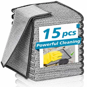 Wire Dishwashing Cloths 15PCS Non-Scratch Reusable Steel Wool Scrubber Pads Quick-Drying Odor-Resistant Cleaning Rags for Kitchen Dishes Pots Sink Bathroom Glass Surfaces Utensils Cookware