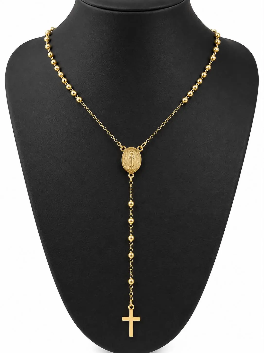 16-Inch PVD Stainless Steel Chain Link Long Cross Necklace, Unisex Religious Prayer Beads Faith Jewelry for All Occasions