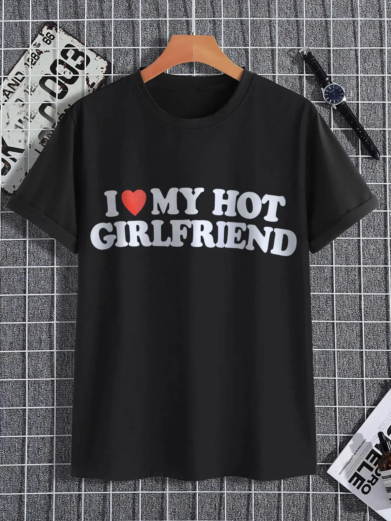 Men's Letter "I Love My Girlfriend" Print Round Neck Tee, Streetwear, Graphic Tees, Regular Fit Casual Short Sleeve Crew Neck T-shirt, Summer Clothes,