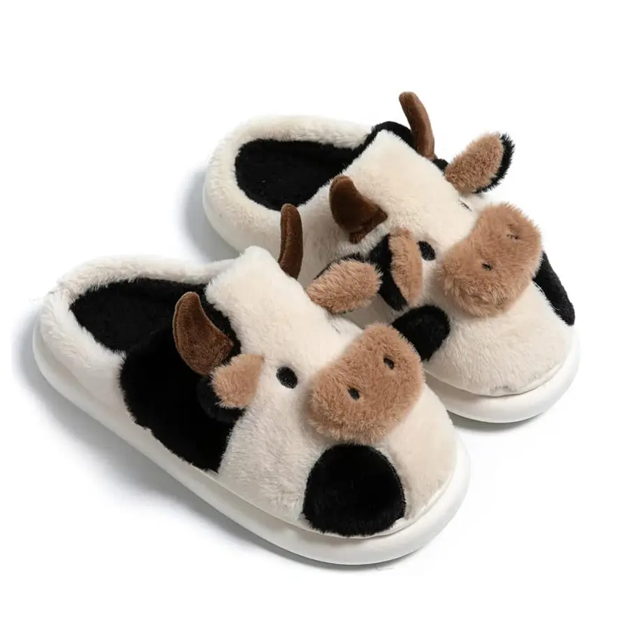 1 Pair Best-selling Cute Cow House Slippers for Couple, Kawaii Fuzzy Cozy Funny House Shoes, Cartoon Animal Design Plush Fluffy Slippers for Women & M