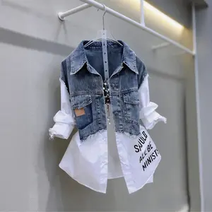 Women's Korean Style Lapel Single-Breasted Shirt Splicing Denim Jacket Women Spring Autumn Denim Shirt Ladies Tops Casual Jean Coat for Daily Shopping
