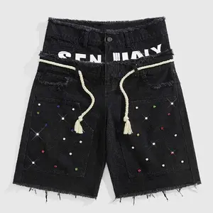 Men’s summer letter rhinestone frayed denim shorts, wear-resistant washed fabric, oversized wide-leg fit, suitable for street style, casual outings, and summer outfits.