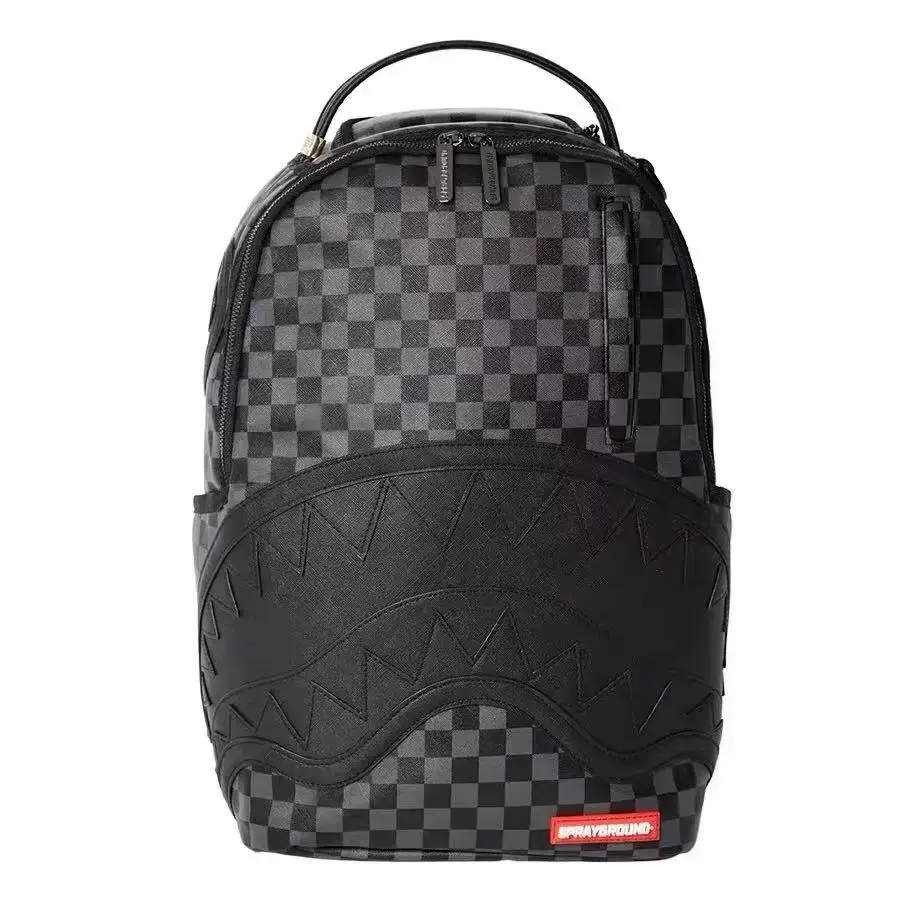 SG Black Grey Checkered Shark-Mouth Backpack, Street Fashion Durable Large-Capacity Laptop Daypack for Men's School, Travel Use