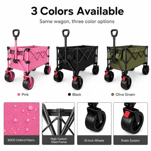 XL Collapsible Wagon  with 10-Inch Wheels & Dual Brakes, Extra Large Folding Utility Wagon with Up to 550 lbs Load Capacity, Adjustable Telescopic Handle, 600D Oxford Fabric & Removable Bottom Board for Camping, Beach, Garden, Grocery & Sports Cart