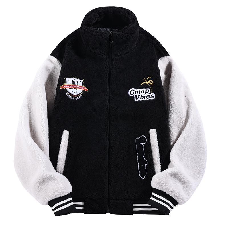 Mens Multi-Color 2-Tone Sherpa Fleece Zip-Up Varsity Coat - Menswear, Stylish Casual Fleece Jacket with Chest Shield & Patch Badges, Soft Warm Fabric for Daily Outdoor Activities, Tops