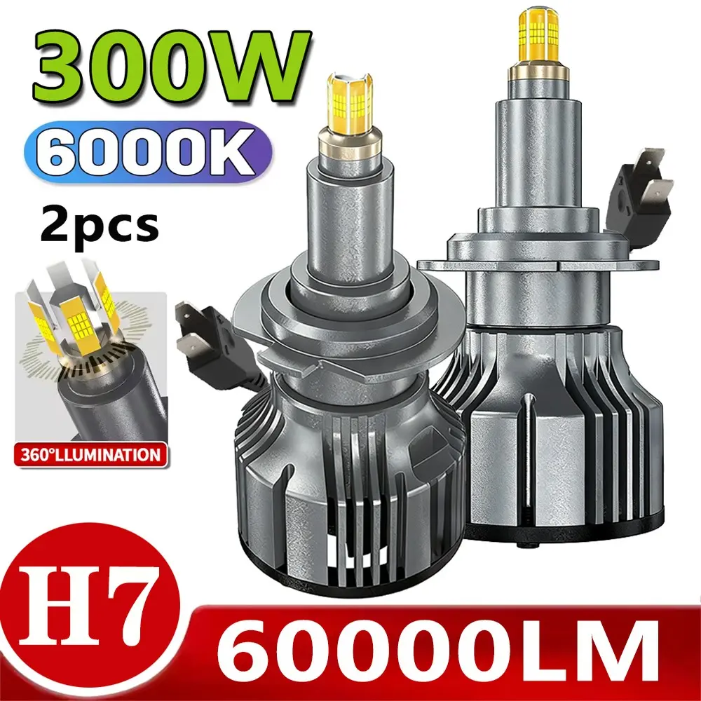 2pcs H7 60000lm 300w 3D Chip 360 LED Car Headlight Bulb, 9058 Canbus Fog Light, Plug and Play, 6000k 12V 24v, Auto Lighting Upgrade Canbus Led Bulbs, High Lumen Headlight