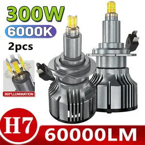 2pcs H7 60000lm 300w 3D Chip 360 LED Car Headlight Bulb, 9058 Canbus Fog Light, Plug and Play, 6000k 12V 24v, Auto Lighting Upgrade