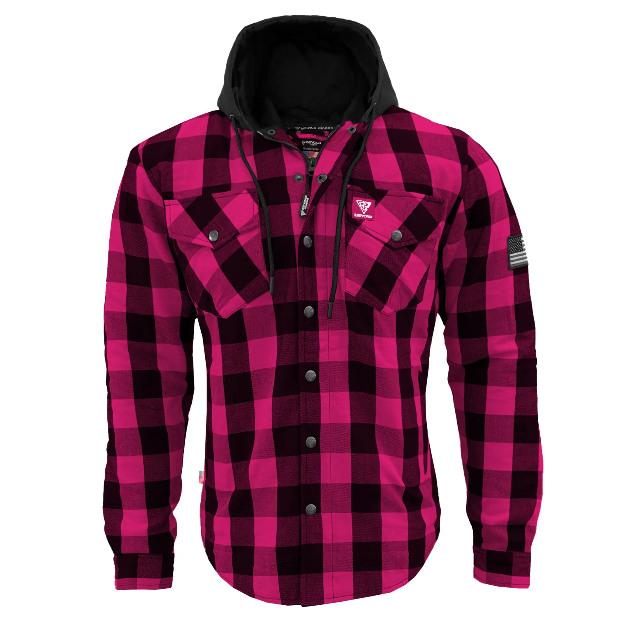 Protective Flannel Hoodie For Men - Pink and Black Checkered with Pads