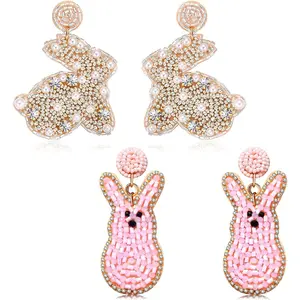 2 Pairs Easter Earrings for Women Beaded Easter Egg Bunny Earrings Letter HAPPY EASTER Earrings Cute  Dangle Earrings Spring Holiday  Gifts