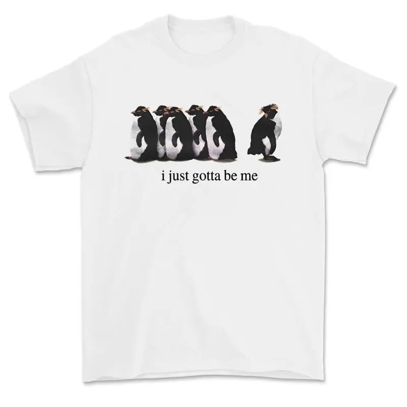 Women's Penguin Graphic T-Shirt, Classic Cotton Shortsleeve Crewneck Top with "I Just Gotta Be Me" Quote, Seamless Relaxed Fit Tee, Apparel, Round Neck, Clothes, Soft, Lightweight Tee