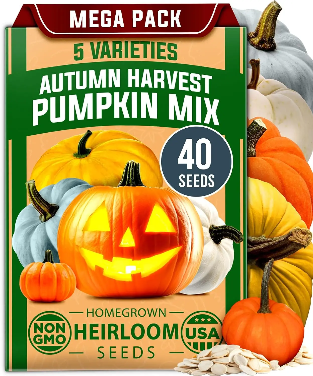 5 Pumpkin Seeds Mix - 40 Seeds | Non-GMO Heirloom Pumpkin Seeds for Planting. Ideal Garden Seeds for Unique Varieties Like Yellow Paris and Casper | Perfect for Culinary and Decorative Use