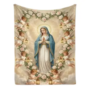 Virgin Mary with Cherubs & Rose Wreath Flannel Blanket Soft Cozy Plush Throw Perfect Religious Gift for Catholics Christians Warm Snuggle Blanket for Bedroom Prayer Space Elegant Sacred Art Design Suitable as a gift sizes 60*80,30*40 ,40*50 50*60