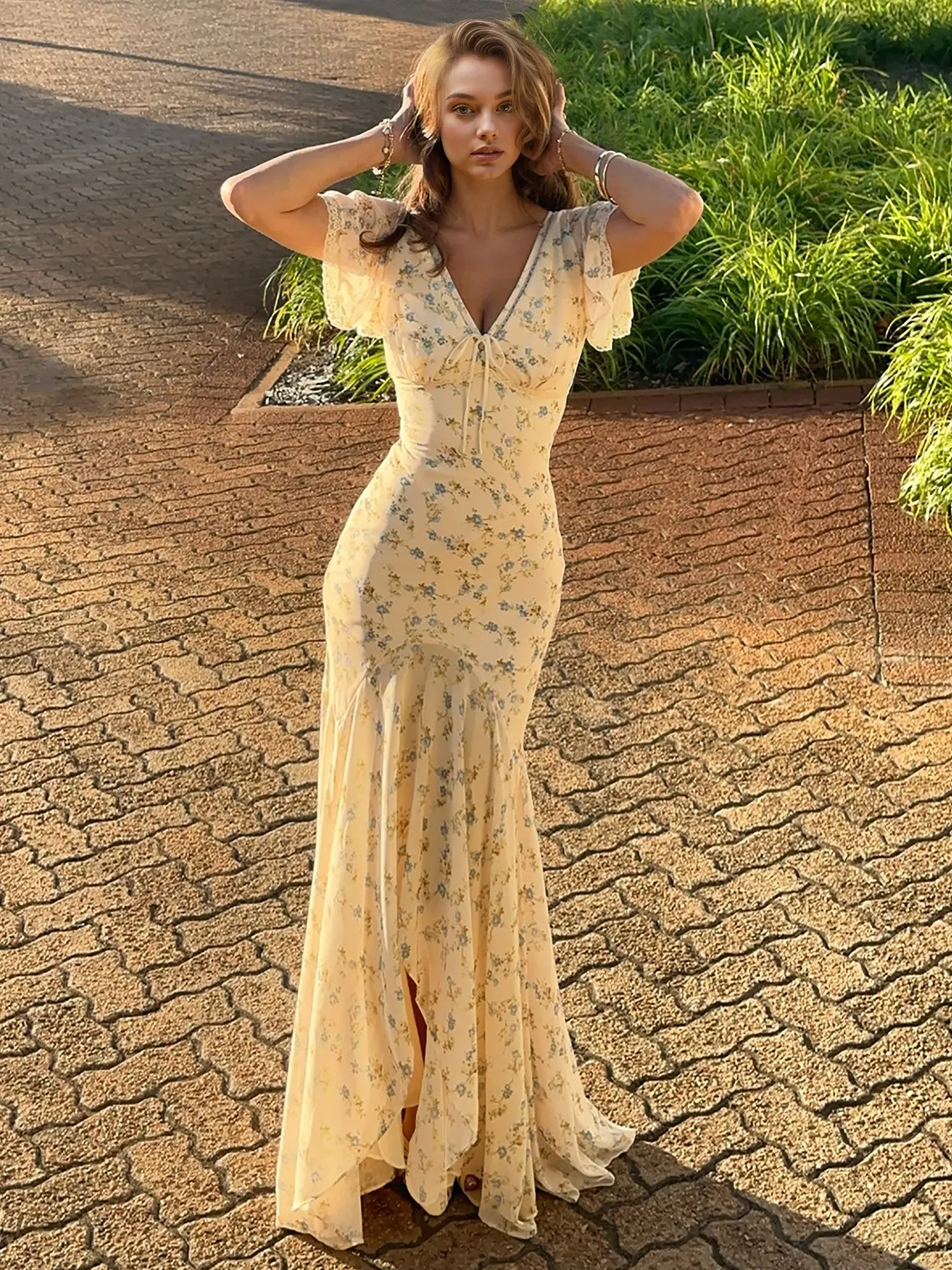 Ditsy Floral V-Neck Fish Tail Long Dress, Fresh Country Style, Ruffle Short Sleeve Elegant Chic Women's Dress, Boho Floral Dress, Summer Vacation Fashion