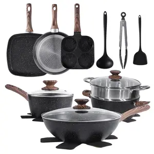 17-Piece Nonstick Cookware Set with Granite Coating & Wood-Grain Handles – Complete Kitchen Cooking Set with Steamers, Pans & Utensils