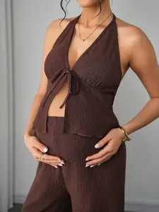 MaterniRIO Women Summer Halter Tie Front Top + Adjustable Waist Pants 2 Pieces Set, Maternity