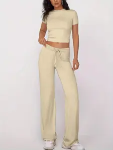 Women's Solid Tee & Wide Leg Pants Two-piece Set, Casual Fashion Cozy Round Neck Top & Trousers for Daily Outdoor Wear, Ladies Clothes for All Seasons