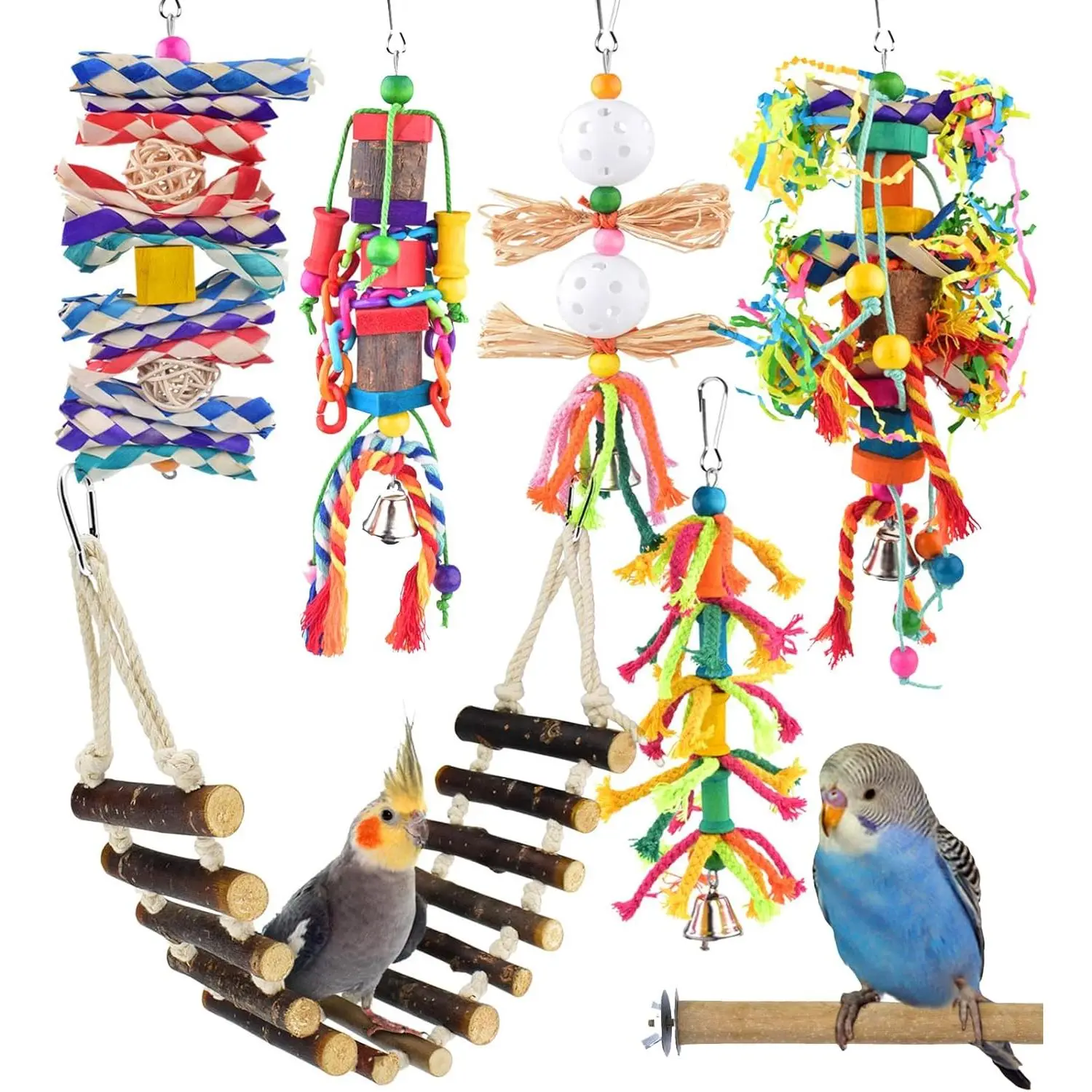 Bird Toy Set, 7 PCS Small Bird Toys for Parrot, Including Wooden Ladder, Chewing Toys, Perch - Pet Activity Structure for Indoor, Outdoor, Climbing, Entertainment