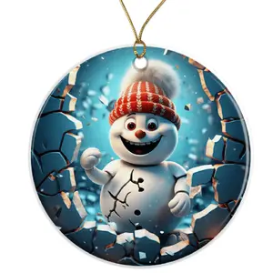 Happy Snowman Ornament, Cute Frosty Design, Unique Winter Holiday Decor, Festive Christmas Seasonal Gift Ceramic Ornament - 3 Inch Christmas Tree Round Ornament - Xmas Holiday Decor - String Included - ORNW0180