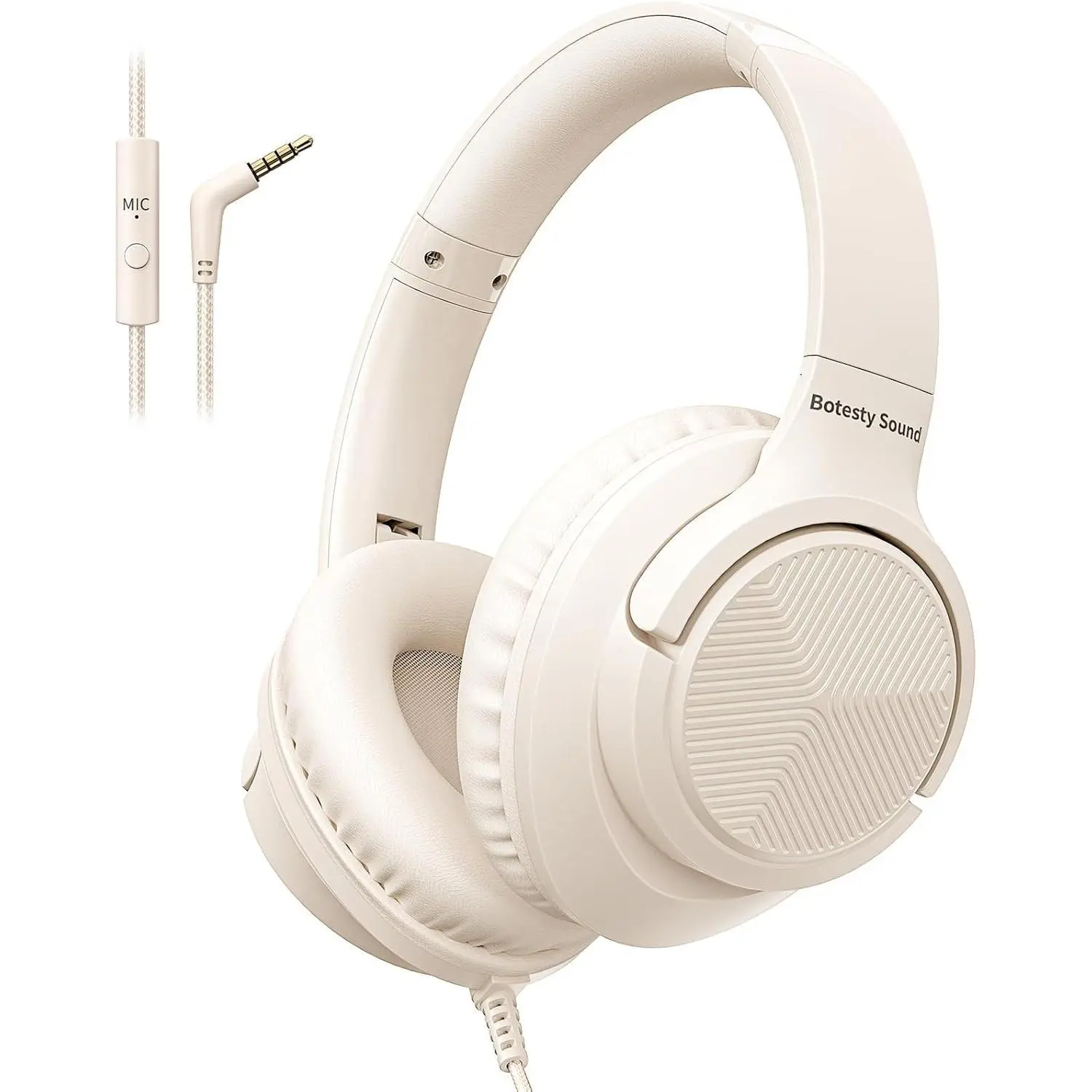 Headphones Wired with Microphone, Over Ear Foldable 3.5mm Plug in Headphones Corded with 4.9ft Tangle-Free Nylon Cord for Tablet, Laptop, MP3/4, School, Airplane Travel (Beige)