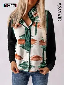 Women's Casual Elegant Plush Fabric Aztec Western Print Fashion Vest Jacket Coat, Winter Wear, Stylish Outerwear for Ladies