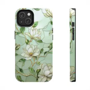 Magnolia Stained Glass Printed Tough Phone Case for iPhone 11-16. A Golden Floral Print with a Fashion Trendy, High Quality Design. This case is elegant and provides a Protective layer.