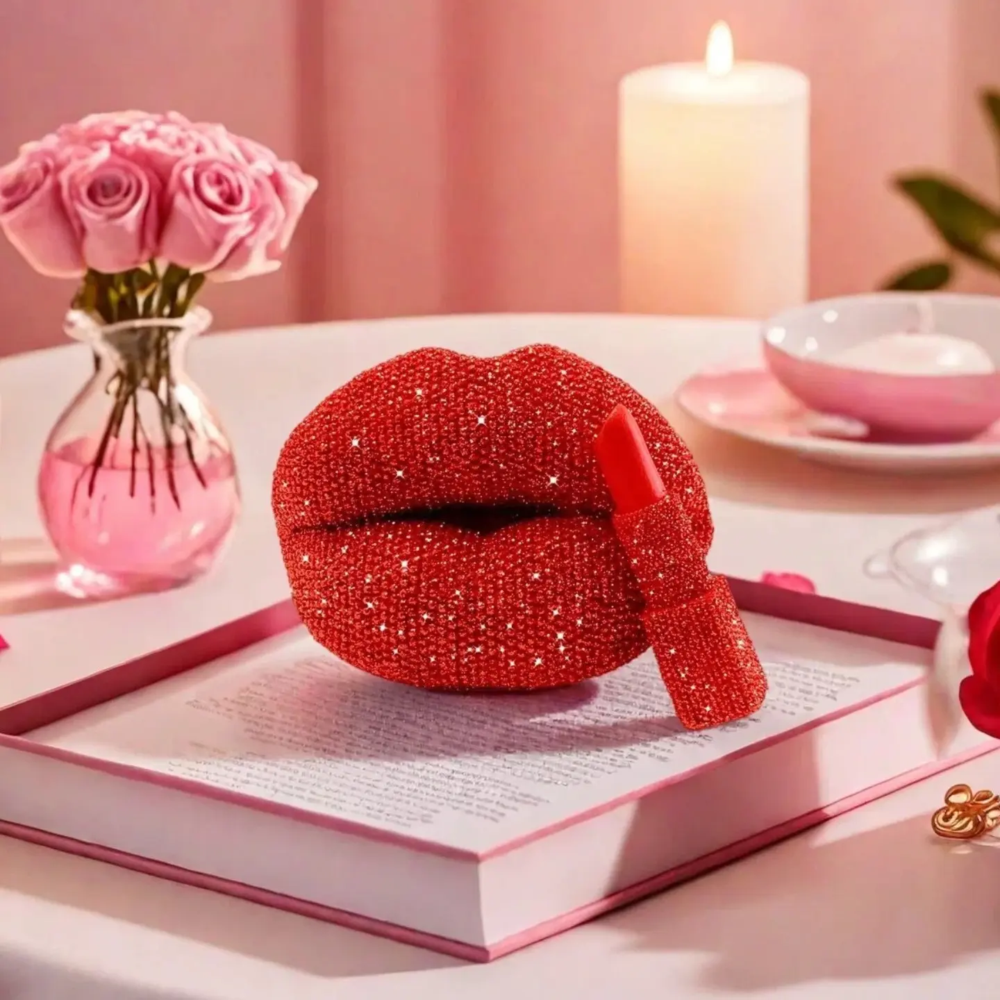 1pc Sexy Shiny Lips and Lipstick Resin Figurine Statue Sculpture, Decorative Figurines, Home Decor, Decoration, Creative Vanity Feature, Valentine's Day Wedding Mother's Day Gift