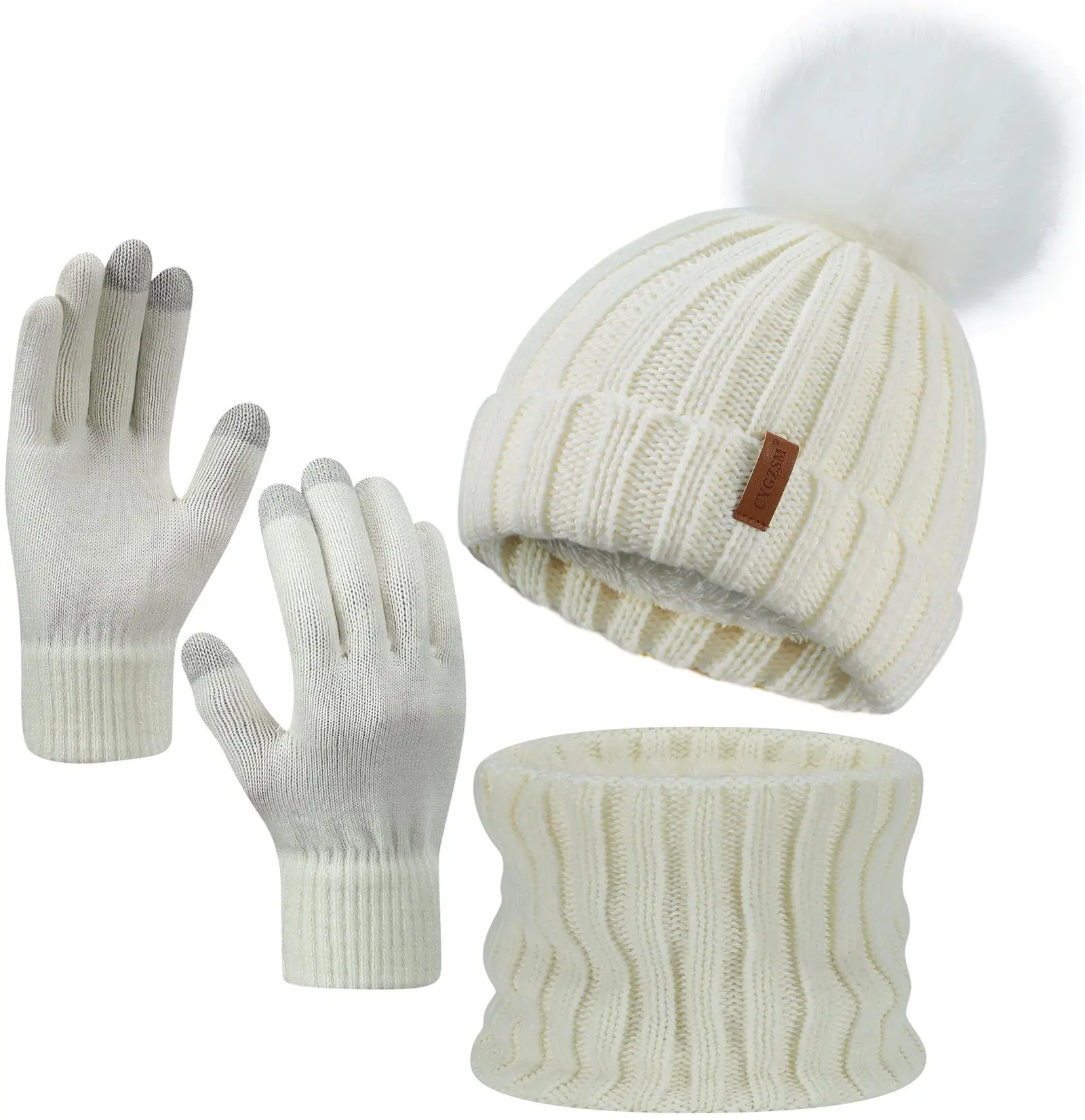 Winter Beanie Hat Scarf Gloves Set for Women-Warm Fleece Knit Touch Screen Gloves, Double-Layered Brim, Ideal Gift for Thanksgiving 2025 | 3 Pieces Winter Set Touchscreen Gloves,Beanie Hat, and Scarf for Men's and Women's