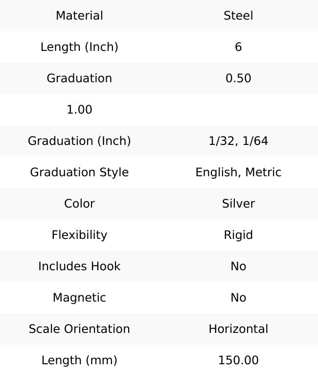 Fowler Steel Rule: 6" OAL, English & Metric Graduation, Rigid Silver, 1/32 & 1/64" Graduation 52-265-006-0