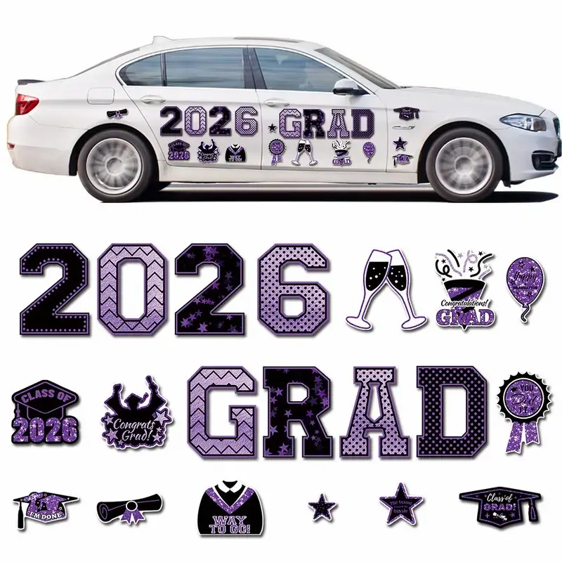2026 Graduation Strong Magnetic Metal Soft Magnets - Waterproof, 8 Word & Number Designs, Durable Car Exterior Accessories for Graduation Party Doors, Cruise Doors, Refrigerators
