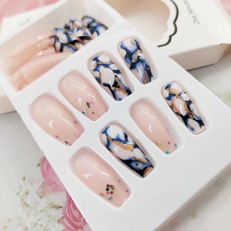 Coffin Press on Nails Medium Length Fake Nails Artificial False Nails with Blue Marble & Sequins Designs Glossy Acrylic Nails Nude Full Cover Glue on Nails for Women 24 Pcs TUZANDW