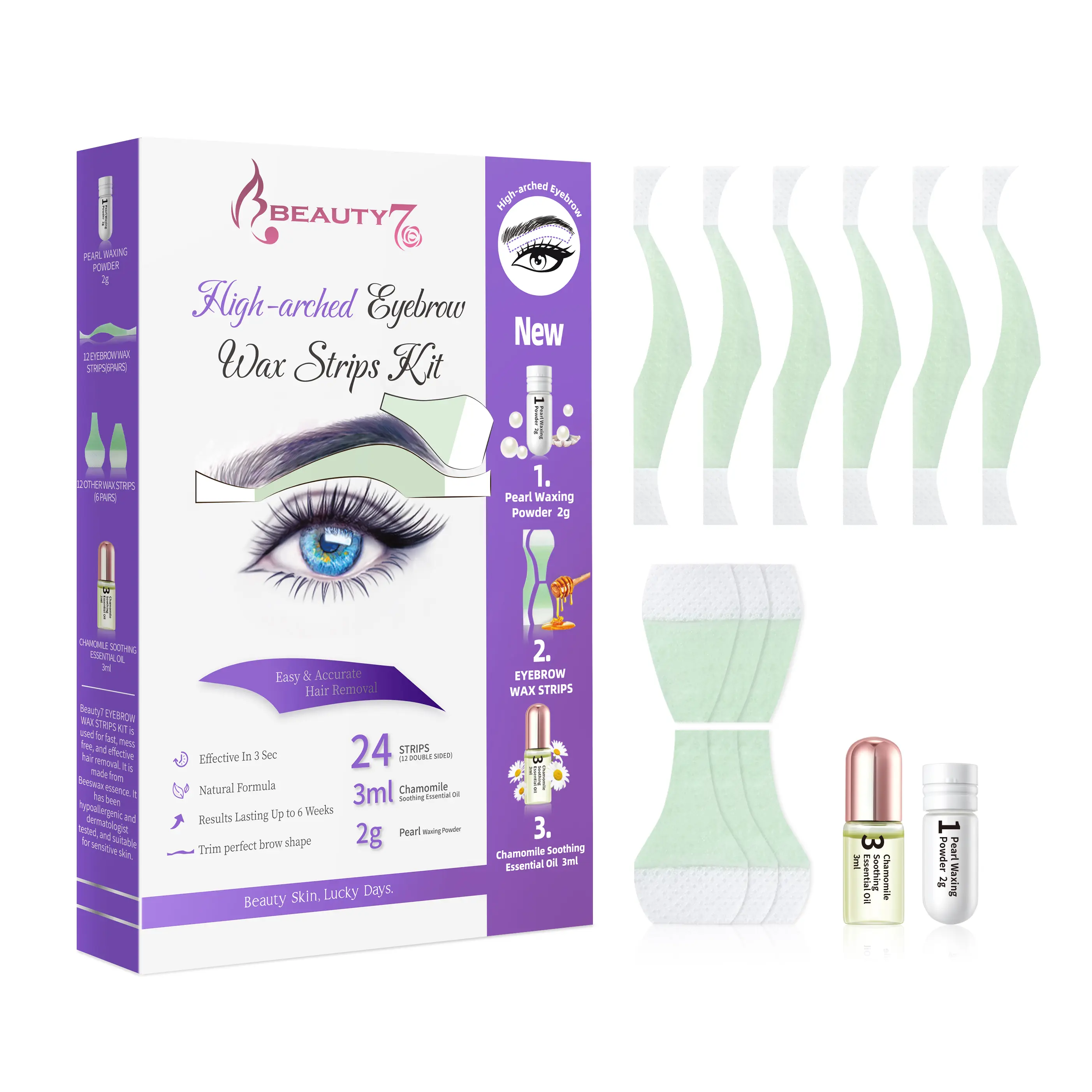 Beauty7 High-Arched Eyebrow Waxing Kit, 24 Hypoallergenic Cold Wax Strips with Beeswax Blend & Chamomile Oil for Sensitive Skin, Fragrance Free, Gentle, Unscented, Ready-To-Use Wax Strip Waxing