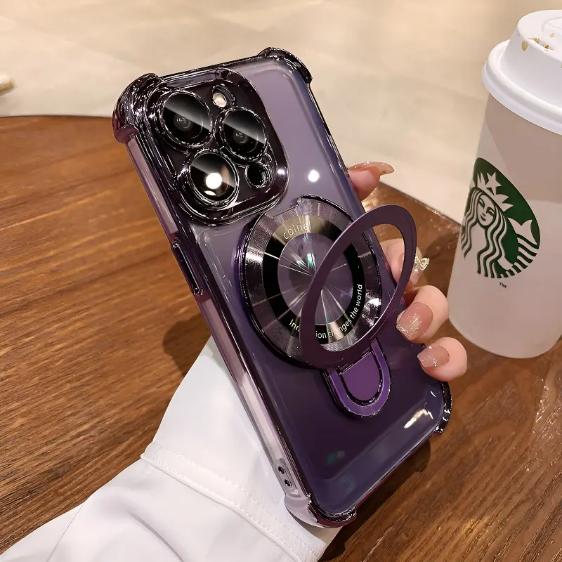 Magnetic Folding Stand Hybrid Cellphone Protector Case for iPhone Series - Nordics Style, Transparent Polycarbonate Cover, 4-Corner Airbag Shockproof, Customized Outdoor Accessory for ip17 Pro Max/16 Pro/15/14/13/12